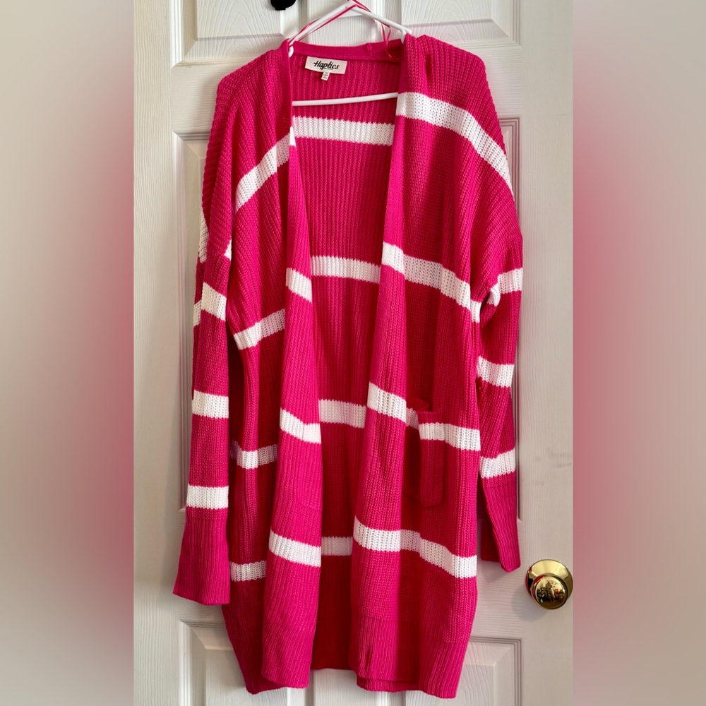 Haptics Pink and White Striped Women's Cardigan Sweater